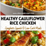 A hearty Easy Chicken Cauliflower Casserole featuring shredded chicken, egg, and tender cauliflower rice in a golden baked dish.